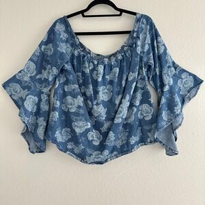 Taxi Off The Shoulder‎ Floral Bell Sleeve Top Women 1X Blue Boho Peasant Blouse